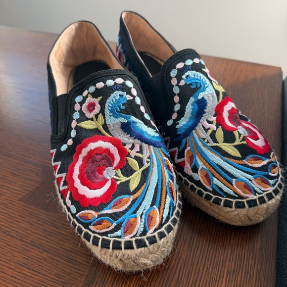 Johnny Was Shoes - Johnny Was Isaac Embroidered Peacock Espadrille Shoes Black Floral Spain 41